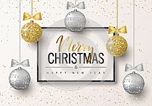 Merry Christmas and Happy New Year background for holiday greeting card, invitation, party flyer, poster, banner. Silver, gold, sh