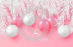 2019 Merry Christmas and Happy New Year background for holiday greeting card, poster, banner. Beautiful tree balls,white tree bran