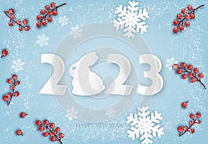 Merry Christmas and Happy New Year background with a 2023 letters, red berries and snowflakes. Year of the Rabbit concept.