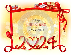Merry Christmas and Happy New Year background with numbers 2024 made from red ribbon