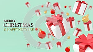 Merry Christmas and Happy New Year. Background with realistic festive gifts box. Xmas present. Blue boxes fall effect blur motion