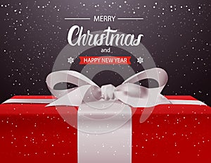 Merry Christmas And Happy New Year Background Red Gift Box With White Ribbon Bow Holiday Greeting Card Design