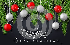 Merry Christmas and Happy New Year background with red and silver balls,tree branches and confetti. Holiday greeting