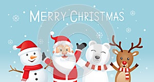 Merry christmas and happy new year background. Santa claus and friends on blue color vector illustration