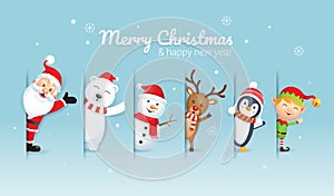 Merry christmas and happy new year background. Santa claus and friends on blue color vector illustration