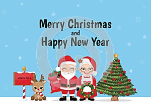 Merry Christmas and Happy New Year Background with Santa Claus holding gift box bag and his Wife holding Christmas wreath