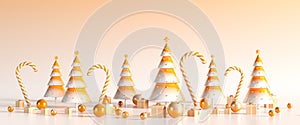 Merry Christmas and happy new year background. Surrealist Christmas background design with ornaments. 3D illustration