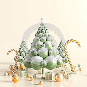 Merry Christmas and happy new year background. Surrealist Christmas background design with ornaments. 3D illustration