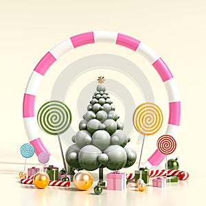 Merry Christmas and happy new year background. Surrealist Christmas background design with ornaments. 3D illustration