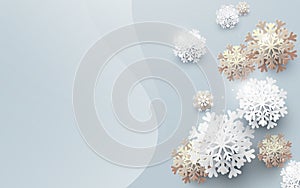 Merry Christmas and Happy New Year banner. Abstract white and gold snowflakes background. Paper art and craft design