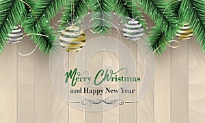 Merry Christmas and Happy New Year banner as a wish with gold and silver christmas baubles, bows, confetti and green branch