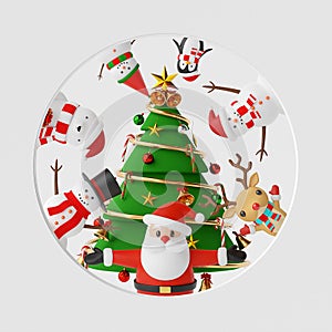 Merry Christmas and Happy New Year, Banner background of Christmas tree with cute Christmas character on white background