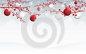 Merry Christmas and Happy New Year banner. Berries branches with red and white christmas balls on snowflakes background