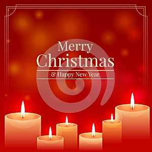 Merry christmas and happy new year banner with candle light on red bokeh background vector design