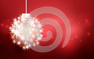Merry Christmas and Happy New Year banner. Christmas ball made with light stars sparkles on red bokeh background
