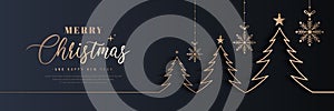 Merry christmas and happy new year banner. Dark horizontal template creative design with luxury golden line christmas tree,