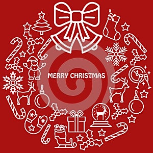 Merry Christmas and happy new year banner with flat line icons. Vector illustration christmas wreath included white