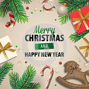 Merry Christmas and Happy New Year banner with gift box, candy stick, rocking horse, pine tree branch and holiday decor