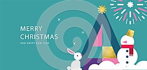 Merry Christmas and Happy New Year banner, greeting card, poster, holiday cover, header. Modern Xmas design in geometric