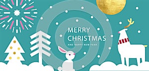 Merry Christmas and Happy New Year banner, greeting card, poster, holiday cover, header. Modern Xmas design in geometric