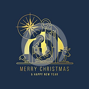Merry Christmas and happy new year banner - modern gold line The Nativity with mary and joseph in a manger with baby Jesus and