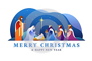 Merry christmas and happy new year banner - Nativity of Jesus scene, mary and joseph in a manger with baby Jesus and Three wise