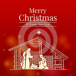 Merry christmas and happy new year banner with Nativity of Jesus scene on red background vector design