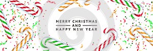 Merry Christmas, Happy New Year banner, poster background. Vector 3d realistic illustration of multicolor striped candy