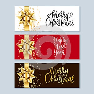 Merry Christmas, Happy New Year banner with realistic 3d gold bow ribbon and calligraphy lettering. Vector illustration