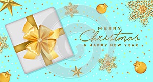 Merry Christmas and Happy New Year banner with realistic white gift box, golden snowflakes, stars xmas balls, and sparkles.