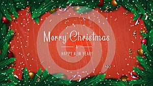 Merry Christmas and Happy New Year banner on red background with tree branches, candies, stars