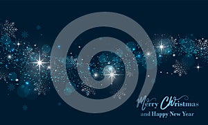 Merry Christmas and Happy New Year banner with stars, glitter and snowflakes. Vector background.