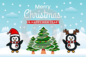 Merry Christmas and Happy New Year Banner template with penguins