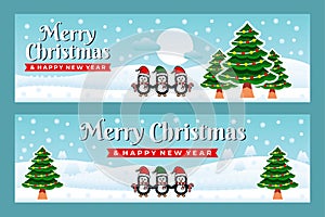 Merry Christmas and Happy New Year Banner template with penguins