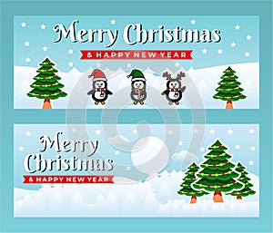 Merry Christmas and Happy New Year Banner template with penguins