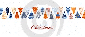 Merry Christmas Happy New Year banner with trees festive border design Xmas horizontal background