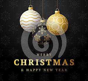 Merry christmas and happy new year banner. Vector illustration card with golden, black and white christmas tree ball on luxury