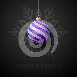 Merry christmas and happy new year banner. Vector illustration card with purple christmas tree ball on luxury snowflake background