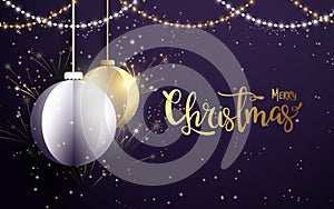 Merry Christmas and Happy New Year banner.White and golden christmas balls with Xmas sparkling lights garland, firework on dark