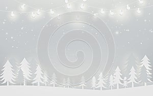 Merry Christmas and Happy New Year banner. winter landscape and snowflakes, christmas trees background. Paper art and craft design