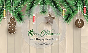 Merry Christmas and Happy New Year banner with wooden pattern, green branches, snowfall, gingerbread decorations and candies. Vect