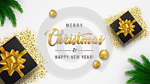 Merry Christmas and Happy New Year banner. Xmas background design with gifts box, glitter gold confetti, pine branches