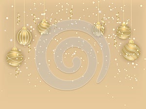 Merry Christmas and Happy New Year. Beautiful New Year background with gold hanging balls and ribbons. Elegant background for chri