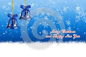 Merry Christmas and Happy New Year blue background with bells