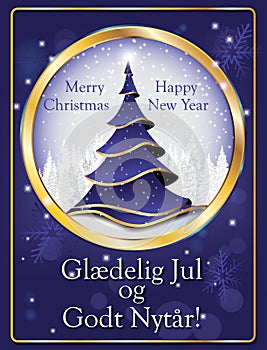 Merry Christmas and Happy New Year - blue greeting card with text in Danish