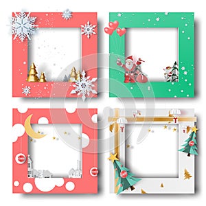 Merry Christmas and Happy new year border frame photo design set on transparency background.Creative origami paper cut and craft