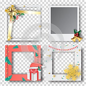 Merry Christmas and Happy new year border frame photo design set on transparency background.Creative origami paper cut and craft