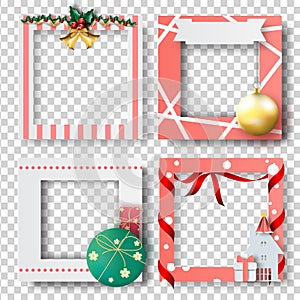 Merry Christmas and Happy new year border frame photo design set on transparency background.Creative origami paper cut and craft