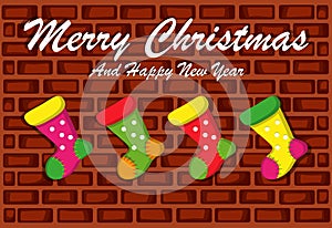 Merry Christmas And Happy New Year With Brick Wall Background And Socks