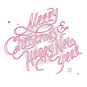 Merry Christmas and Happy New Year Caligraphy with Hearts. Red Characters. Text. Isolated. Vector